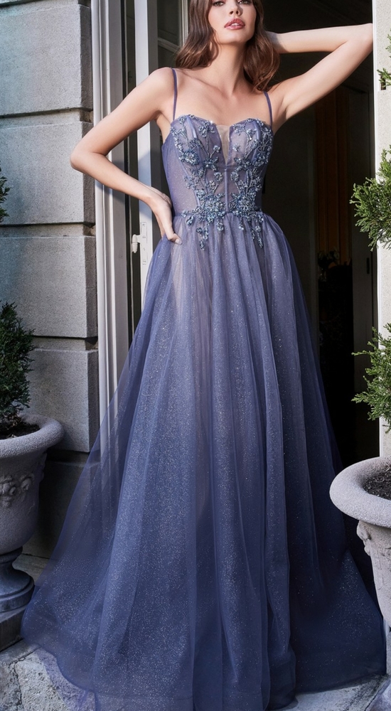 Blue color ,Removable long sleeve glitter tulle gown with floral motif in blue